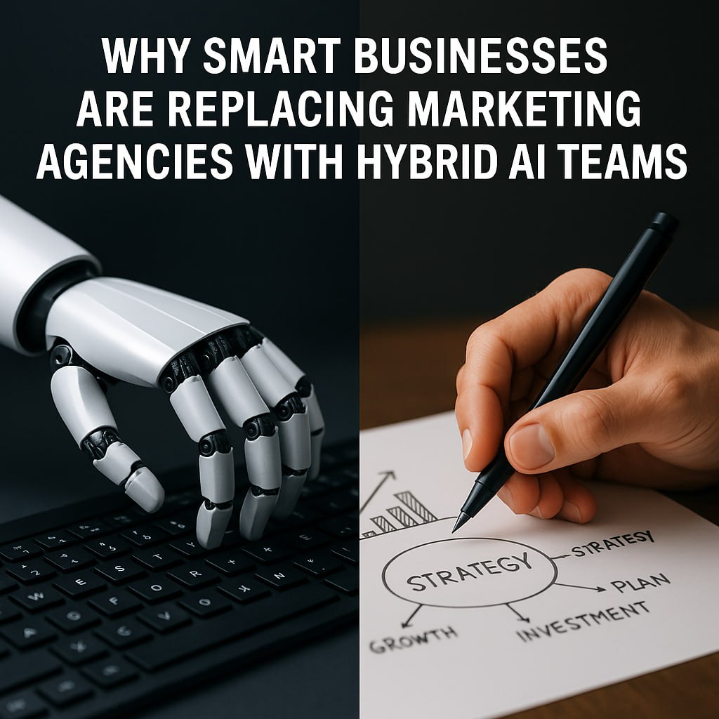 Split image of a robot hand on a keyboard and a human hand sketching a strategy chart.