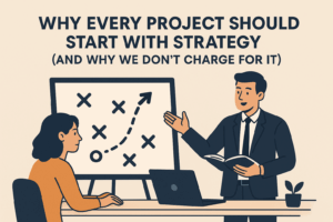 Illustration of two professionals discussing a strategy plan. A man in a suit presents a strategy board with arrows and symbols while a woman listens attentively, symbolizing the importance of starting every project with strategy.