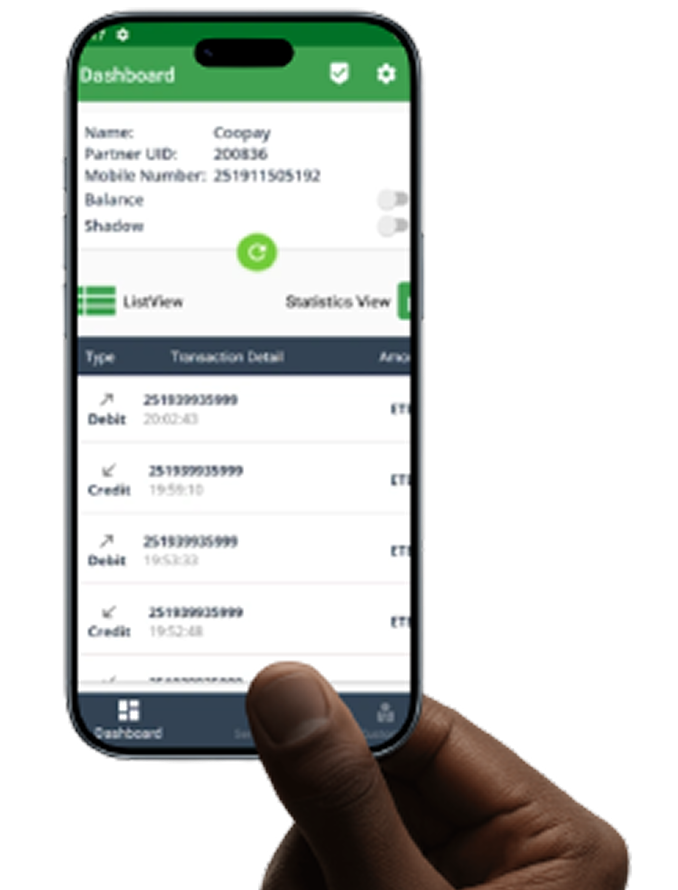 A hand holds a smartphone displaying a green-themed financial dashboard with account details and a transaction history list showing debits.